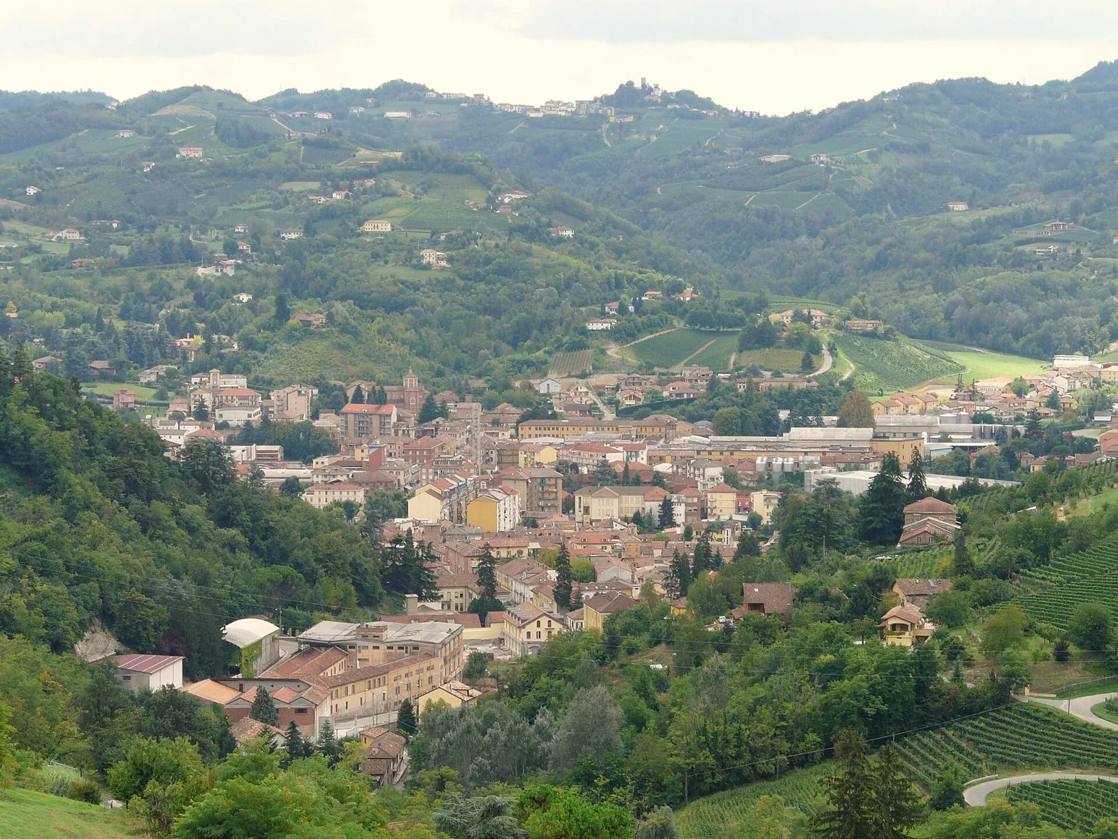 Panorama di Canelli con il centro abitato tra le colline vitate